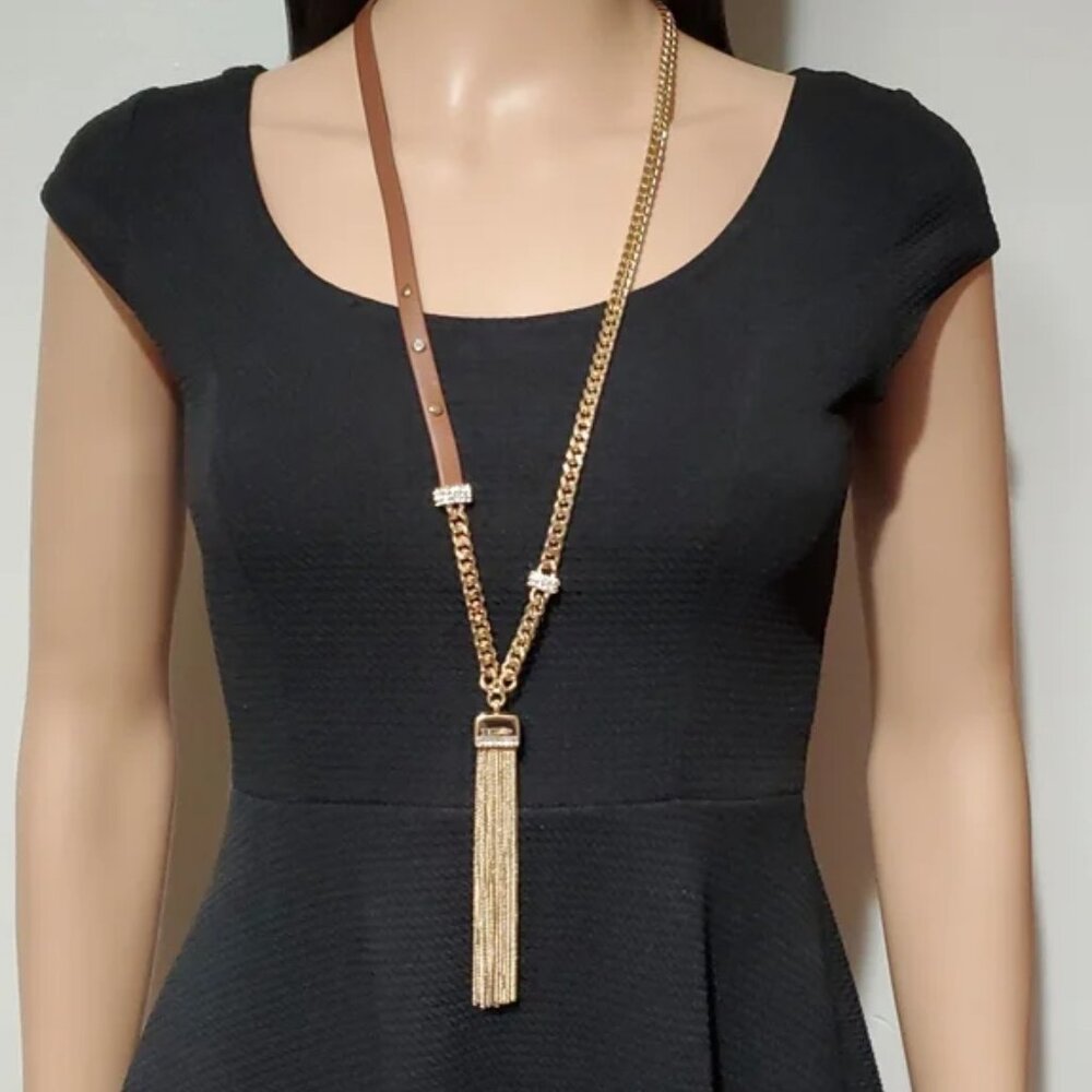 WHBM Asymmetrical Brown Leather & Gold Chain Tassel Necklace (NWT)